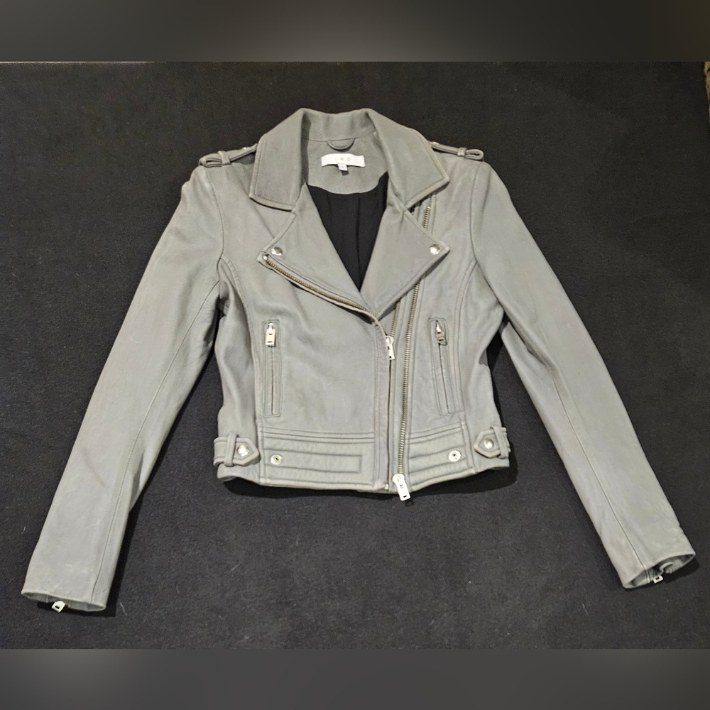 IRO Ashville Gray Lamb‎ Leather Moto Biker Jacket Size 38